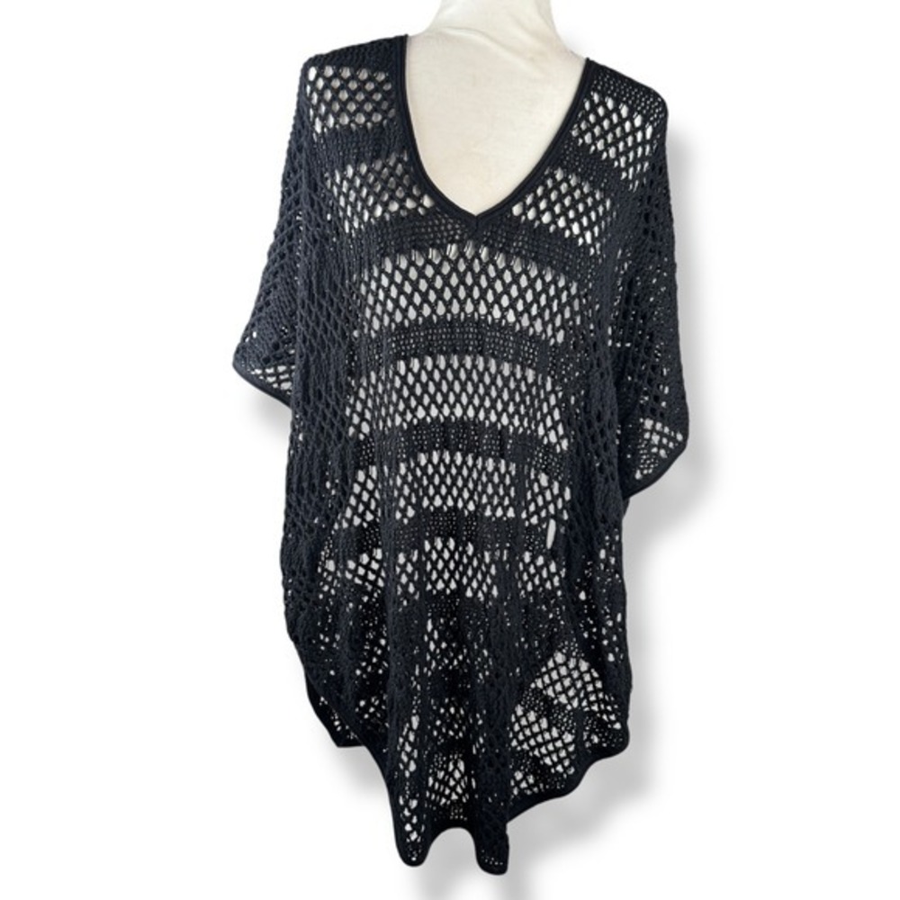 Moda Crochet Swim Cover Up Size Medium Open Knit Black Poncho Boho Resort Beachy